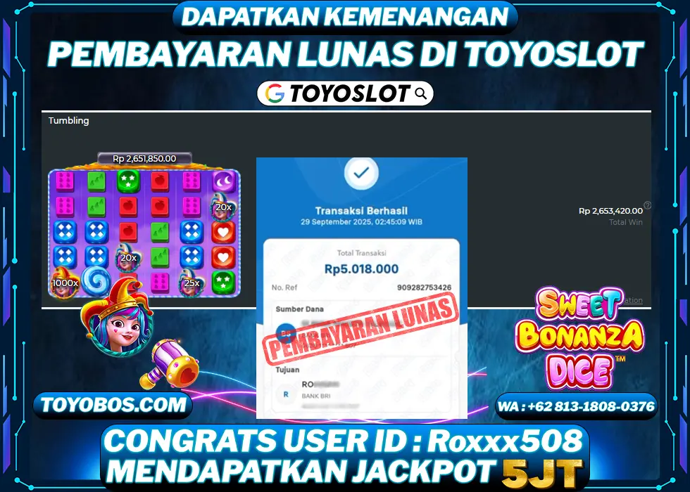 TOYOSLOT - BUKTI KEMENANGAN Sweet Bonanza Dice Rp5,018,000,- LUNAS